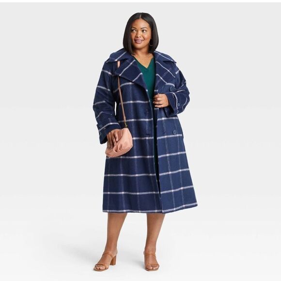 Ava & Viv Plus Size Double Breasted Wool Blend Coat Jacket Navy and Pink - Picture 1 of 5